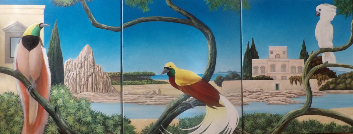 Small triptych of the birds of paradise and the cockatoo by Cecco Mariniello