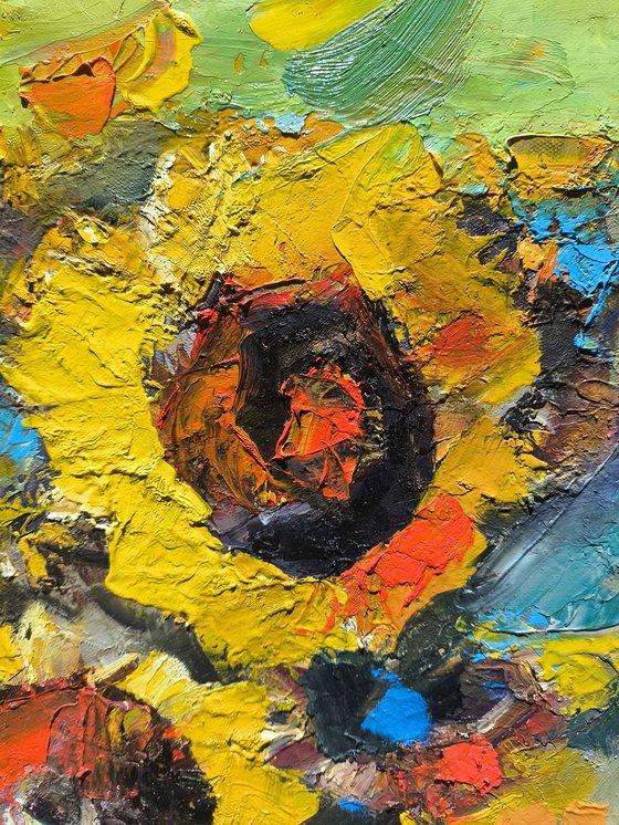 Sunflowers in a Black Vase