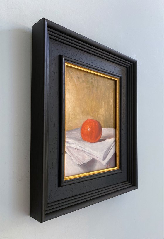 Orange on Folded Linen Still Life original oil realism painting.