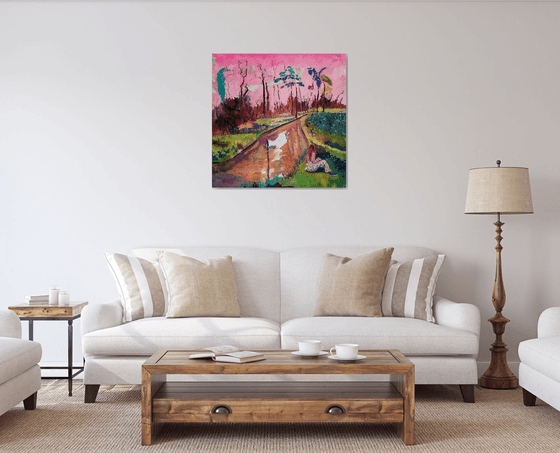 Contemporary dreamy french landscape with a river 'Under a Pink Sky'