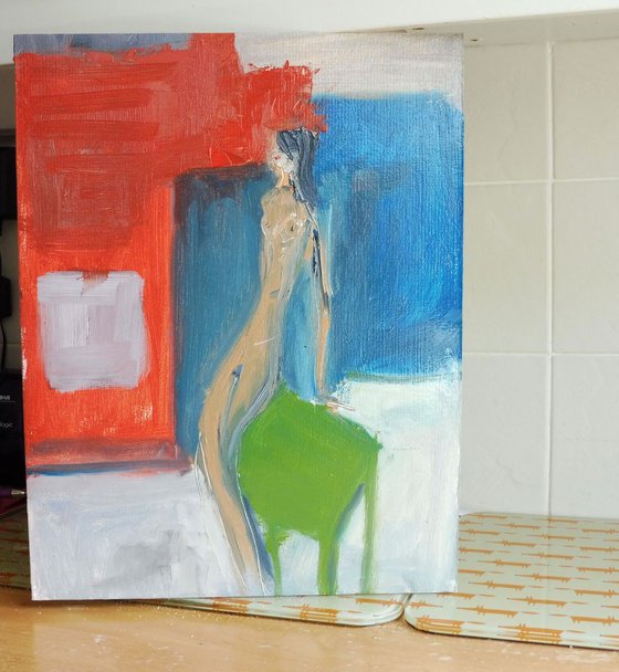 GIRL NUDE LEAN GREEN. Original Oil Figurative Painting. Varnished.