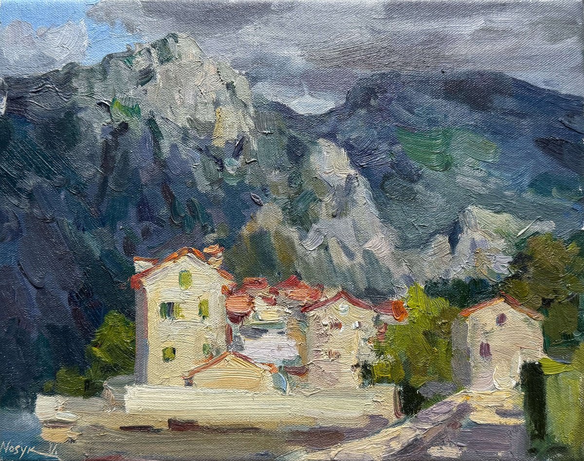 Impressionistic Cityscapes Oil Painting By Nataliia Nosyk, 14 X 11", Houses By The Mountains, Original Artwork