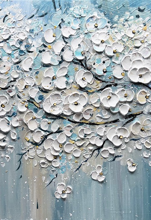 Sakura Branches - Original Abstract FlowerPainting, Abstract Painting, White Blooming Flower Painting, Size: 40 x 24 inches (100 x 60 cm) by Lana Guise