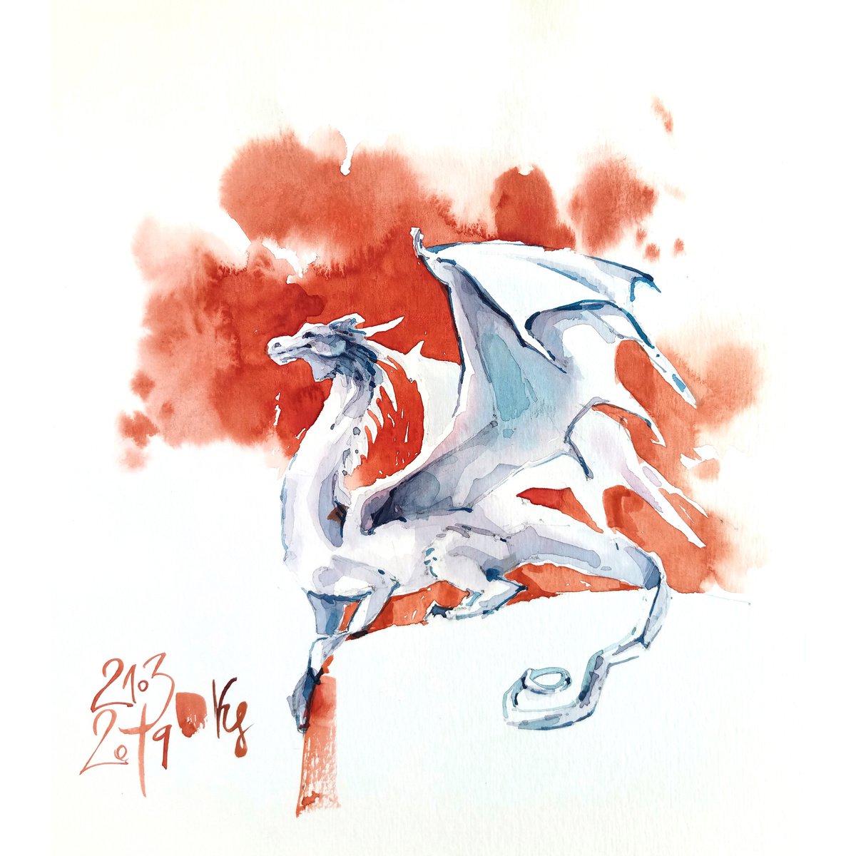 Impressionistic Animal Watercolour By Ksenia Selianko, 10 X 10", Fabulous Gray Dragon, Original Artwork
