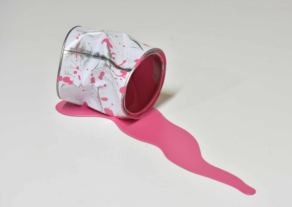 Naive Still Life Sculpture By Yannick Bouillault, 6 X 5", Le Vieux Pot De Peinture Rose, Original Artwork