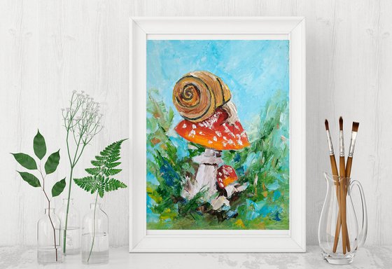 Snail Painting Mushroom Original Art Forest Landscape Artwork Animal Wall Art Oil Impasto Painting