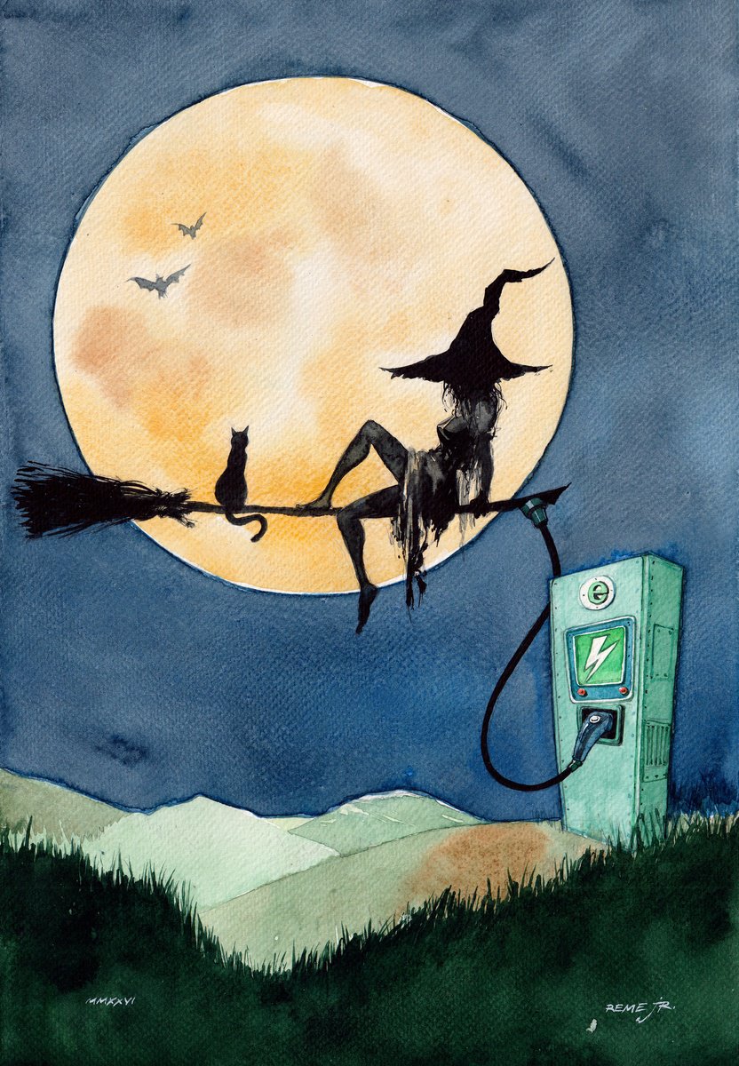 Expressive Watercolour , Witch Charges Her Electric Broom By Reme Jr., 10 X 15, Artwork For Sale On Artfinder
