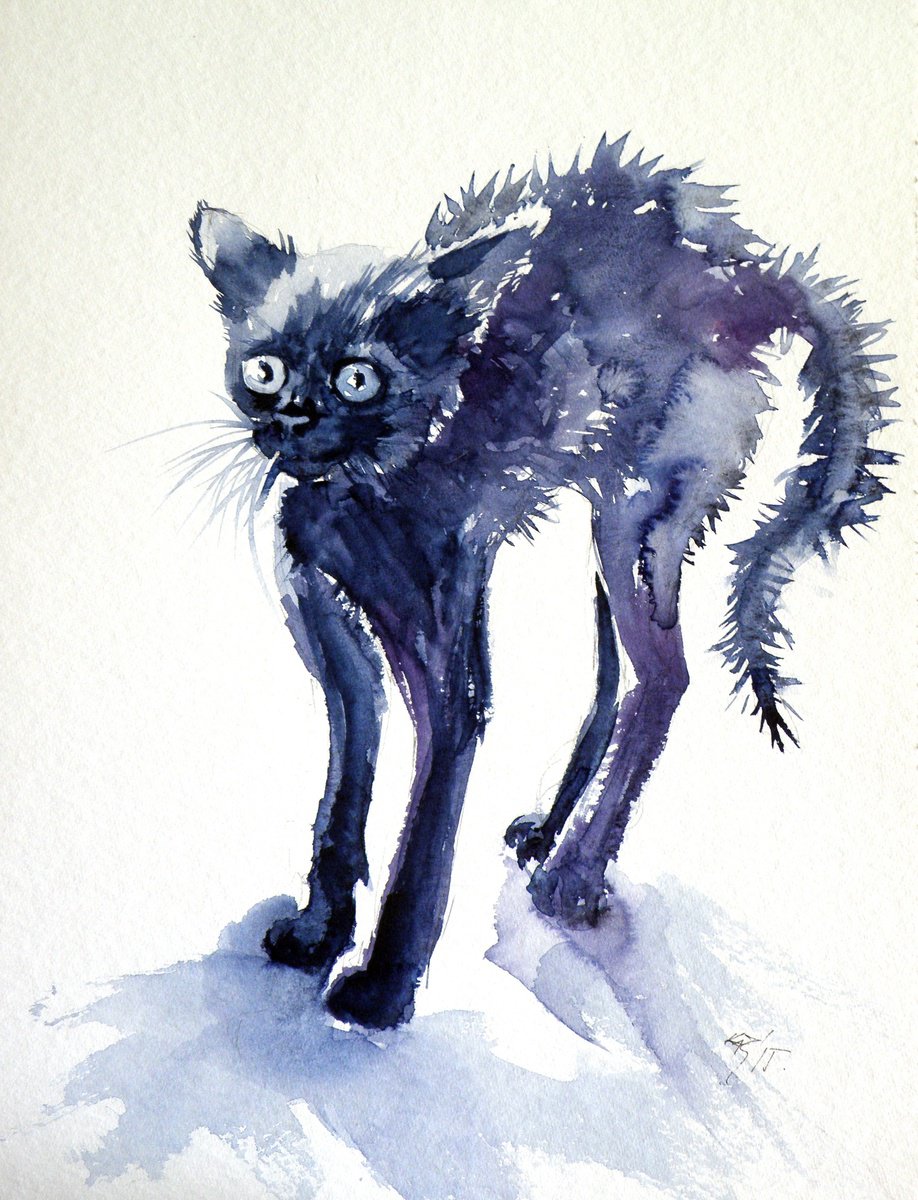 Impressionistic Animal Watercolour By Kovacs Anna Brigitta, 12 X 16", Cute Kitten, Original Artwork