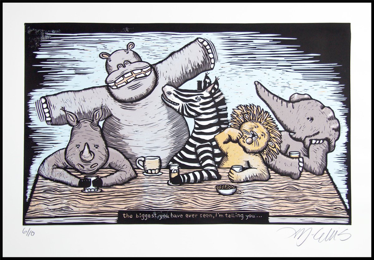 The biggest you have ever seen, large linocut reduction by Mariann Johansen-Ellis