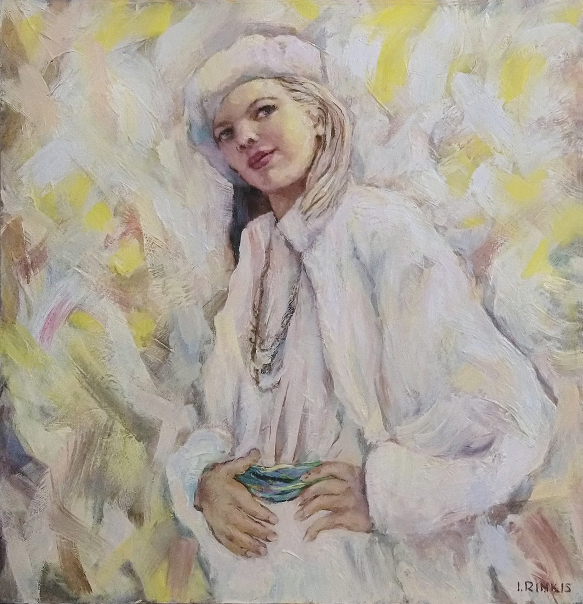 Expressive Portrait Oil Painting By Ilgonis Rinkis, 24 X 25, Woman In White. Spring, Original Artwork