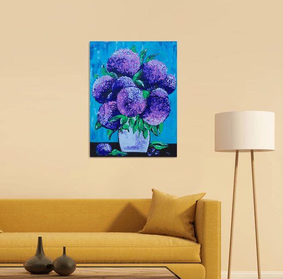 BOUQUET OF Purple and Pink  hydrangea on turquoise in a white vase palette  knife Original Acrylic painting office home decor gift