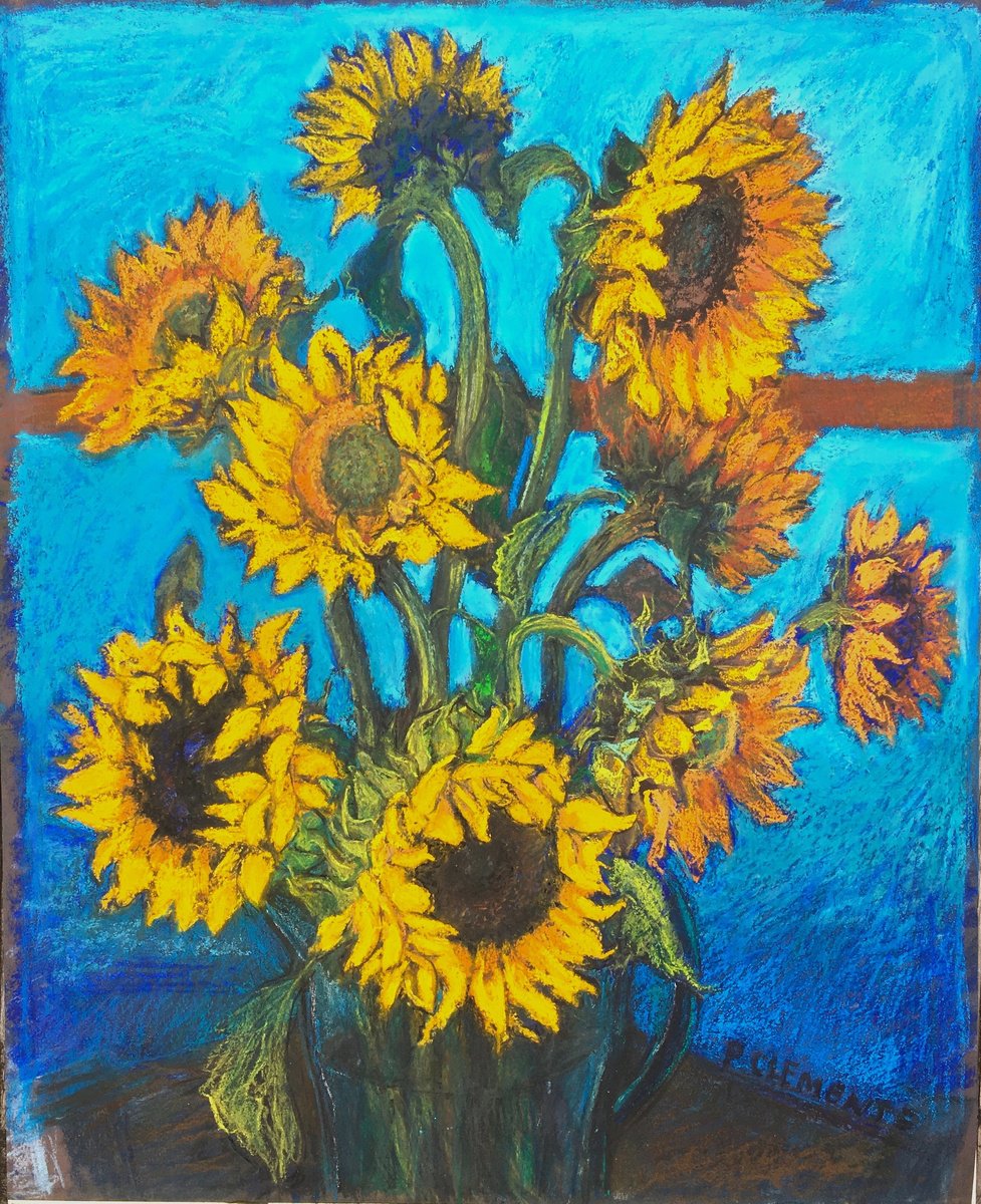 Impressionistic Botanical Painting By Patricia Clements, 17 X 21", Sunflowers Van Gogh Influence, Original Artwork