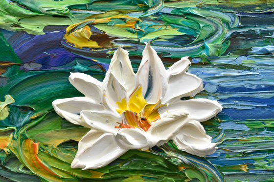 Water Lilies Pond III - Impasto Floral Art, Palette Knife Painting