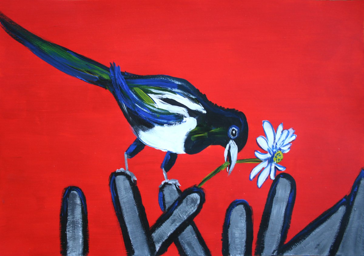 Animal Acrylic Painting By Salana Art / Svetlana Samovarova, 17 X 12", Magpie, Original Artwork