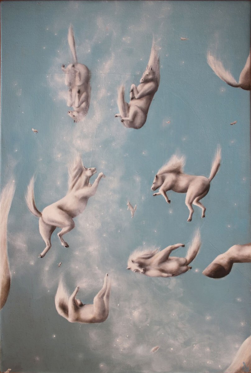 Surrealistic Animal Oil Painting By Vanessa T Stefanova, 16 X 24", Galloping With Ai, Original Artwork