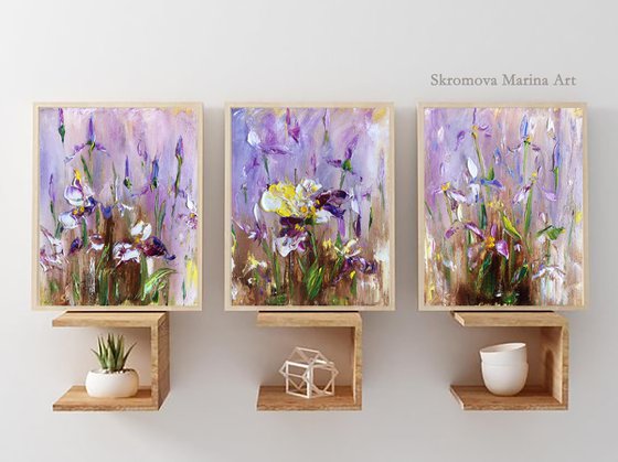 IRIS MOOD №3 - Set art. Irises. Flowers. Gift. Lilac color. Bouquet. Garden. Garden flowers. Field irises. Mini-art. Fast painting. The best solution. Gift painting. Postcard. Season. Holidays.