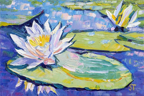 "Two lilies in a pond" original oil water floral painting on canvas, ready to hang, small wall decor gift idea
