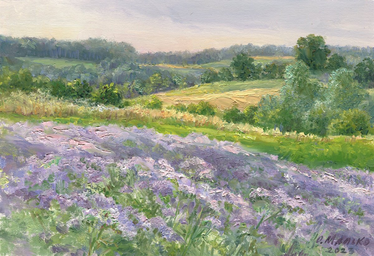 Impressionistic Landscape Oil Painting By Olha Malko, 14 X 10", Flowering Phacelia, Original Artwork