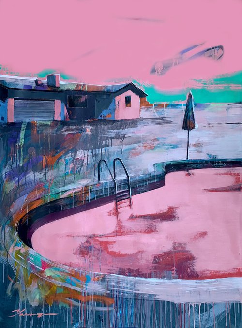 XXXL Large Painting - "Pink pool" - House - Urban - Pink - Expressionism - Landscape - Miami - Pop Art by Yaroslav Yasenev