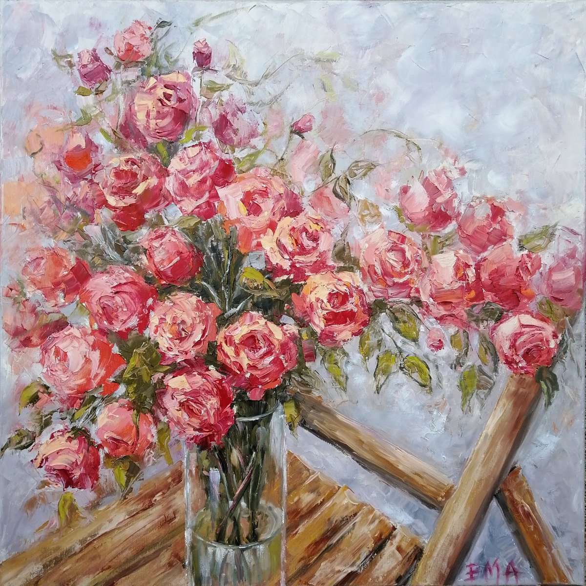 ROSES ON A CHAIR, 70x70cm, blooming roses oil floral still life painting by Emilia Milcheva