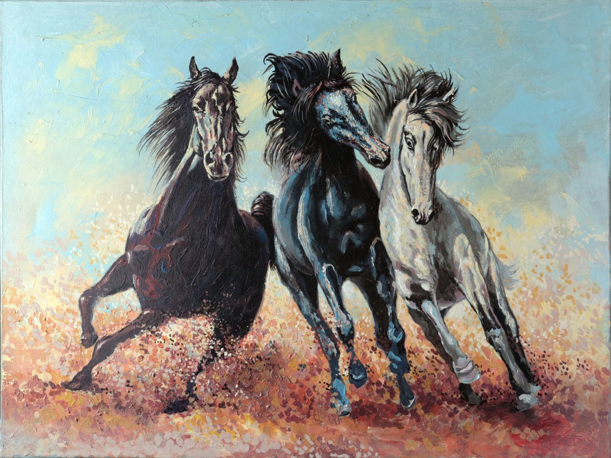 Impressionistic Animal Acrylic Painting By Rakhmet Redzhepov, 31 X 24", Three Graces., Original Artwork