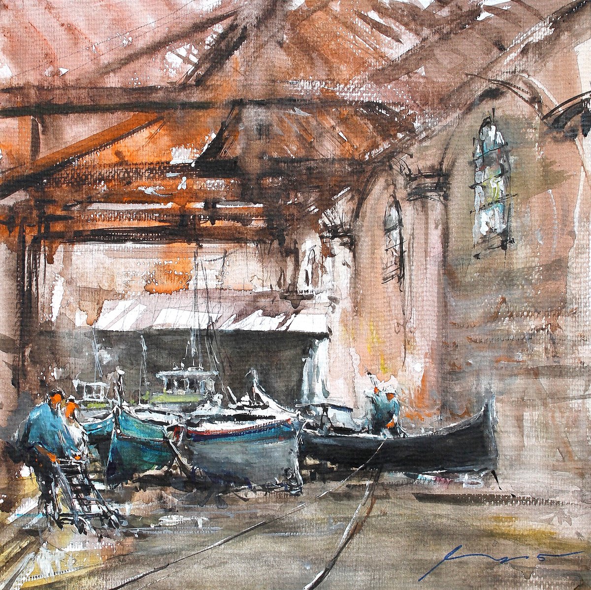 Impressionistic Cityscapes Watercolour By Maximo Damico, 12 X 12", Museum Of Gondola, Original Artwork