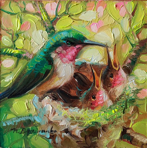 Hummingbird art oil painting original framed 5x5, Ruby throated hummingbird pink nest painting bird chicks, Sympathy gift mom