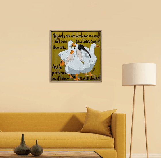Ducks in a Row Gold Bin Chicken Framed