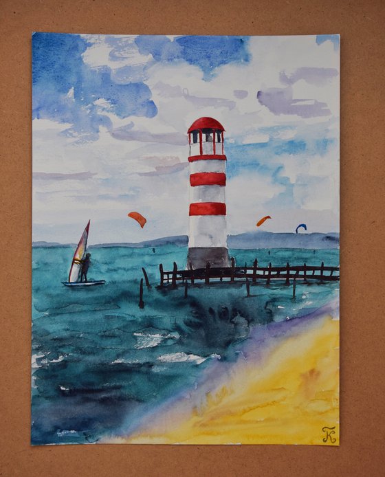 Lighthouse watercolor original painting, seascape wall art, coastal home decor