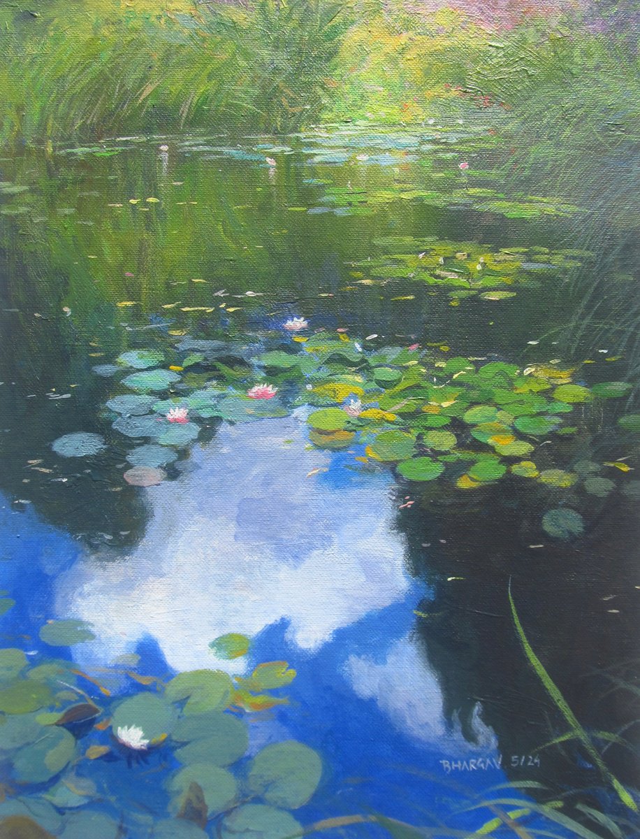 Impressionistic Landscape Acrylic Painting By Bhargavkumar Kulkarni, 12 X 15, Lotus Floating Over The Cloud, Original Artwork
