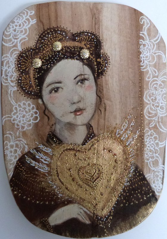 Portrait on wood, woman with a sacred heart. Sacred flight.