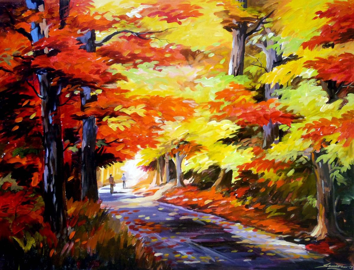 Photorealistic Landscape Acrylic Painting By Samiran Sarkar, 30 X 23", Beauty Of Autumn Forest, Original Artwork
