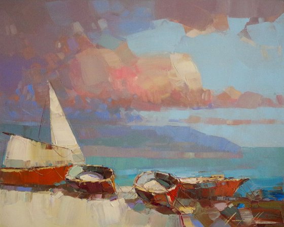 Fishing Boats, Seascape Original oil painting, Handmade artwork, One of a kind