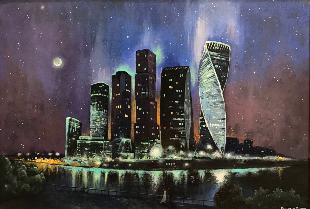 Original oil painting Night City - 65x45 cm (2019) by Evgeniya Roslik