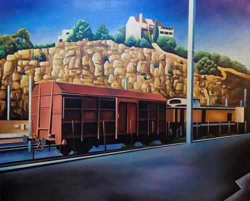 Big Oil painting, Wagon et train à Cerbère ( Youth artwork ) by Lionel Le Jeune
