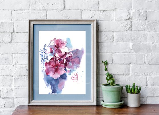 "Hydrangea. Pink Butterflies" original watercolor painting of hydrangea flowers, in small format