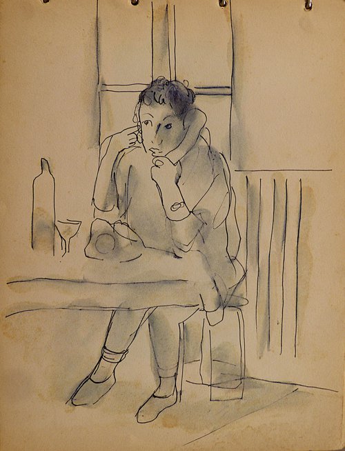 The Telephone, vintage drawing 24x32 cm by Frederic Belaubre