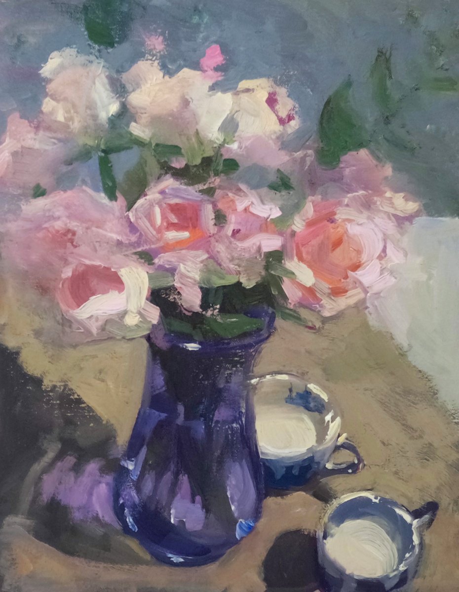 Impressionistic Botanical Oil Painting By Kristina Sellers, 11 X 14", Roses In Morning Light, Original Artwork