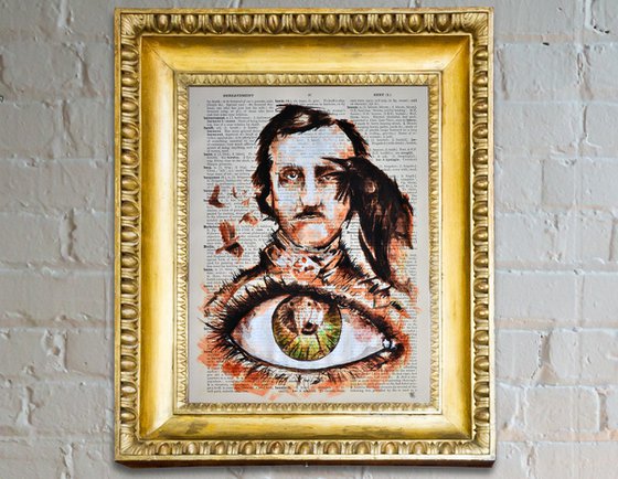 Edgar Allan Poe - Dark Eye - Collage Art on Large Real English Dictionary Vintage Book Page