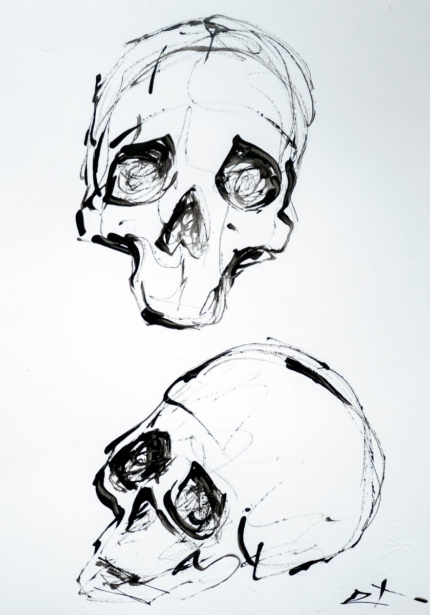 Expressive Portrait Ink Drawing By Lionel Le Jeune, 12 X 17", Skull, Original Artwork