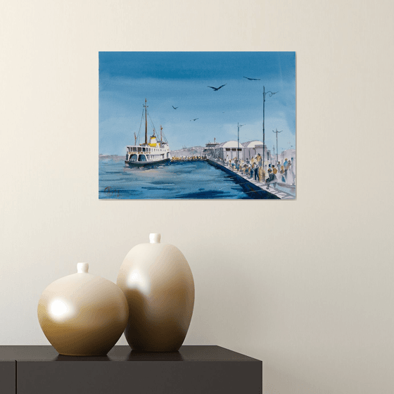 Istanbul boat station. Original watercolor. Sea Turkey Blue travel city urban scene interior