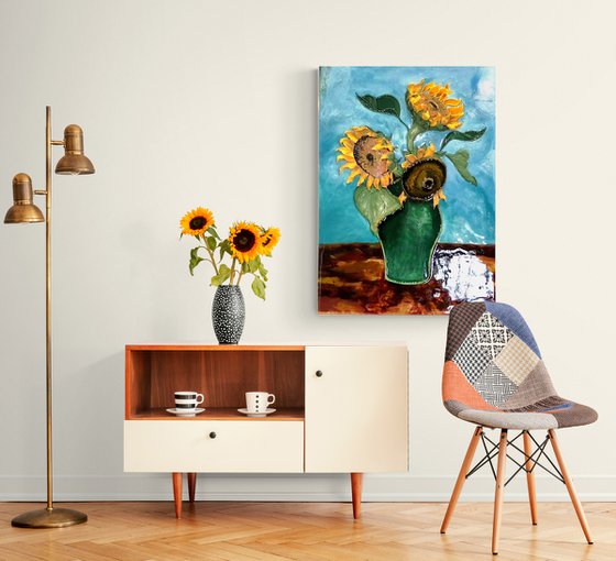 Yellow sunflowers in a vase - bright flowers in a large luxurious painting, turned from a Van Gogh bouquet in vase painting into a bas-relief epoxy art, 70x100x8 cm.