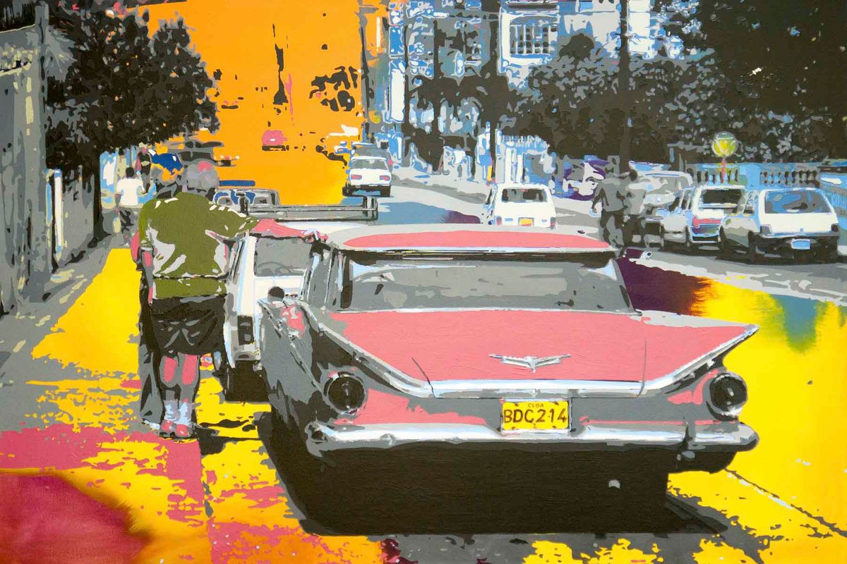 Impressionistic Cityscapes Acrylic Painting By Km Arts, 36 X 24", Chrome Dreams In Havana, Original Artwork