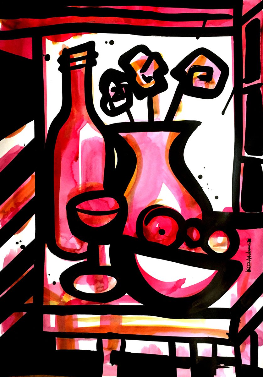 Illustrative Acrylic Painting , Still Life In Pink By Koola Adams, 17 X 23, Artwork For Sale On Artfinder