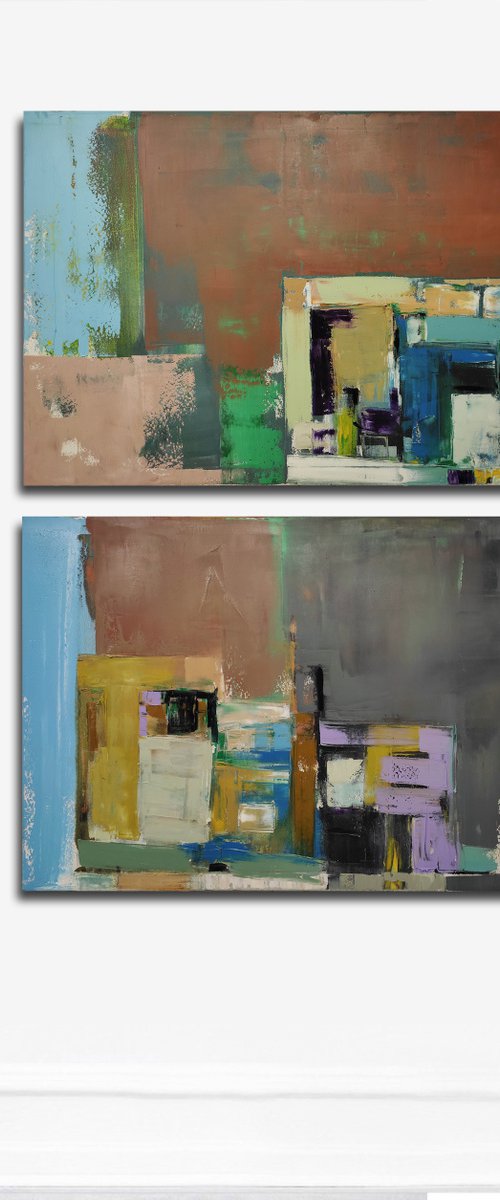 Oil painting, canvas art, stretched, diptych "Layer city 46"". Size 2x (39.4 x 27.5 inches), 2x (70/100 cm). by Kariko ono