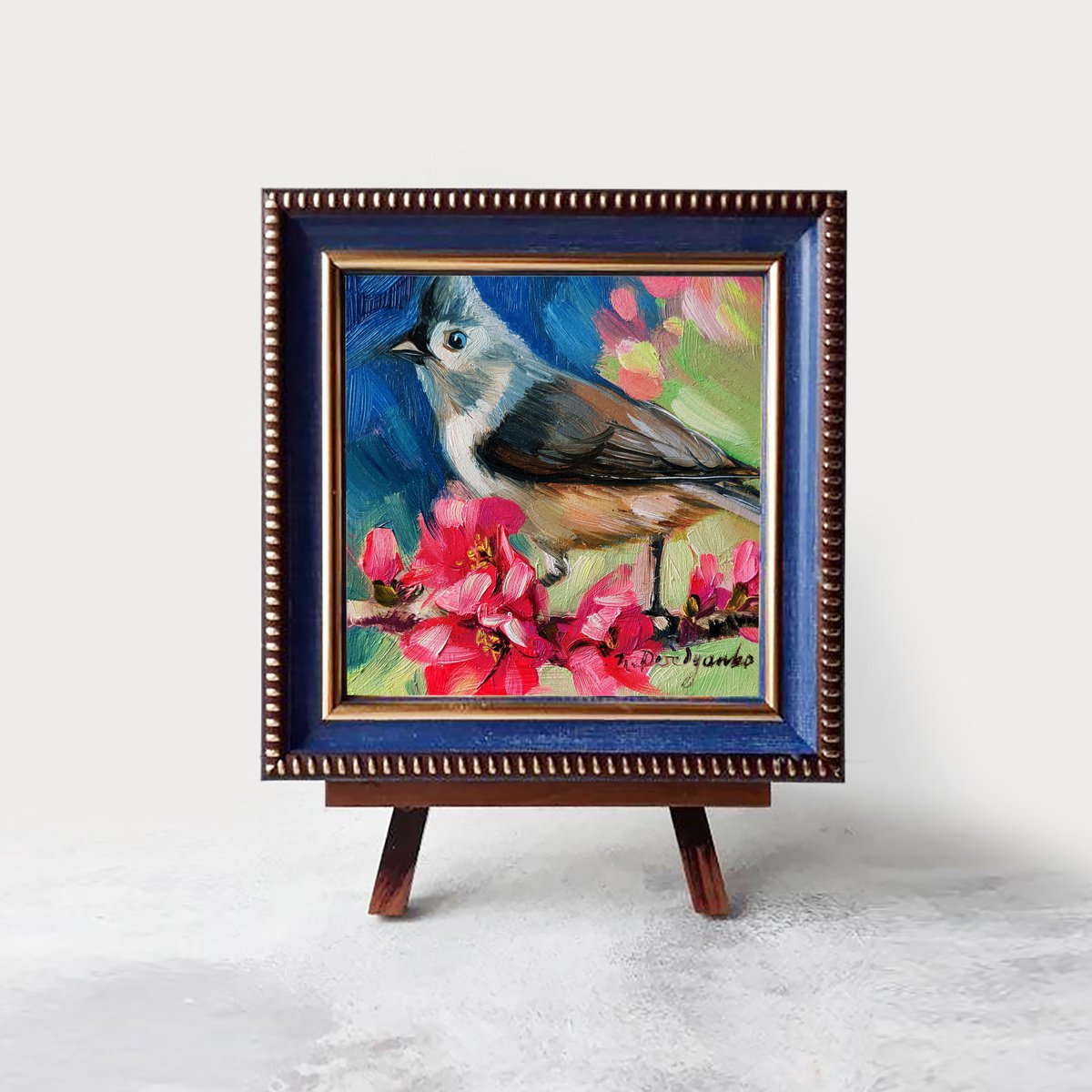 Bird on branch blossom oil painting original, Small painting framed 4x4, Tufted titmouse p... by Nataly Derevyanko