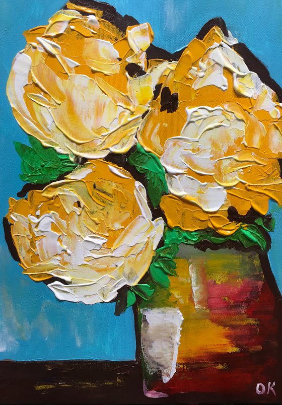 ABSTRACT BOUQUET OF Yellow Roses  #17 ( NAIVE COLLECTION)  palette   knife Original Acrylic painting office home decor gift