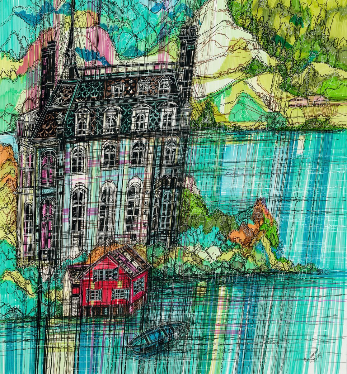 Impressionistic Landscape Drawing By Maria Susarenko, 24 X 26", Iseltwald, Original Artwork