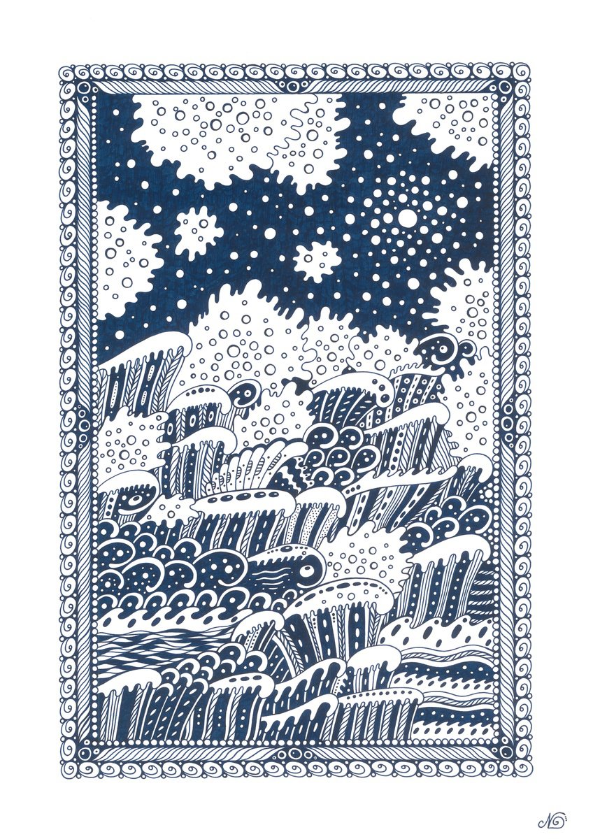 Organic Landscape Ink Drawing By Veronika Demenko, 12 X 17", Surreal Pattern N.36 - Sea Waves, Original Artwork