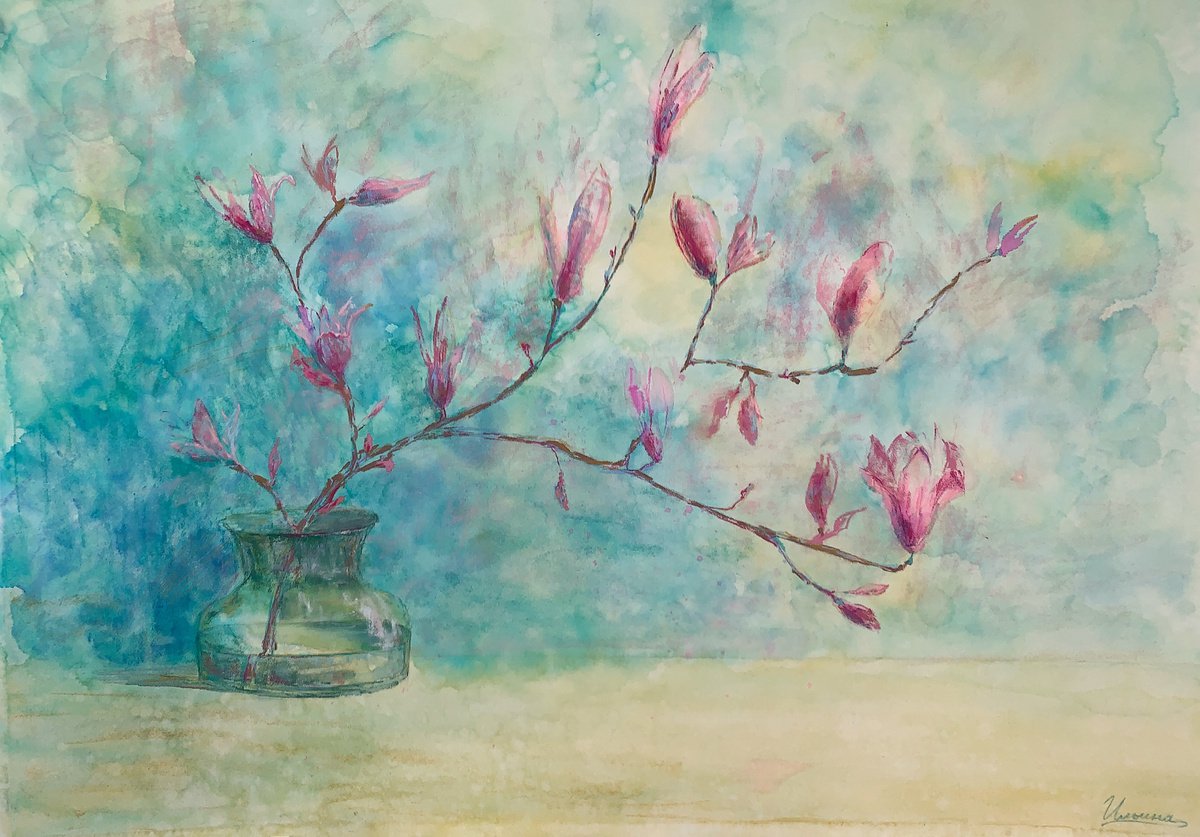 MAGNOLIAS - Pastel and watercolor drawing on paper, spring, flowers, original gift, blue p... by Tatsiana Ilyina
